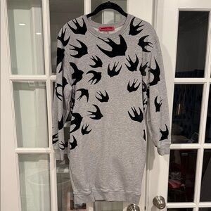 McQ Gray Sweatshirt Dress with Iconic Black Swallow Pattern